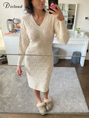 DICLOUD Beige Sweater Dress Women New Autumn Elastic Long Sleeve V Neck Elegant Hollow Midi Party Dresses Knitted Fashion 2022