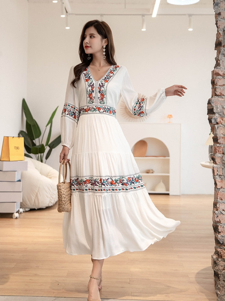 Jastie French White Dress Cotton Embroidered V-neck Elegant Ladies Dress Ruffle Hem Chic Autumn Dress Retro Luxury Brand Dress