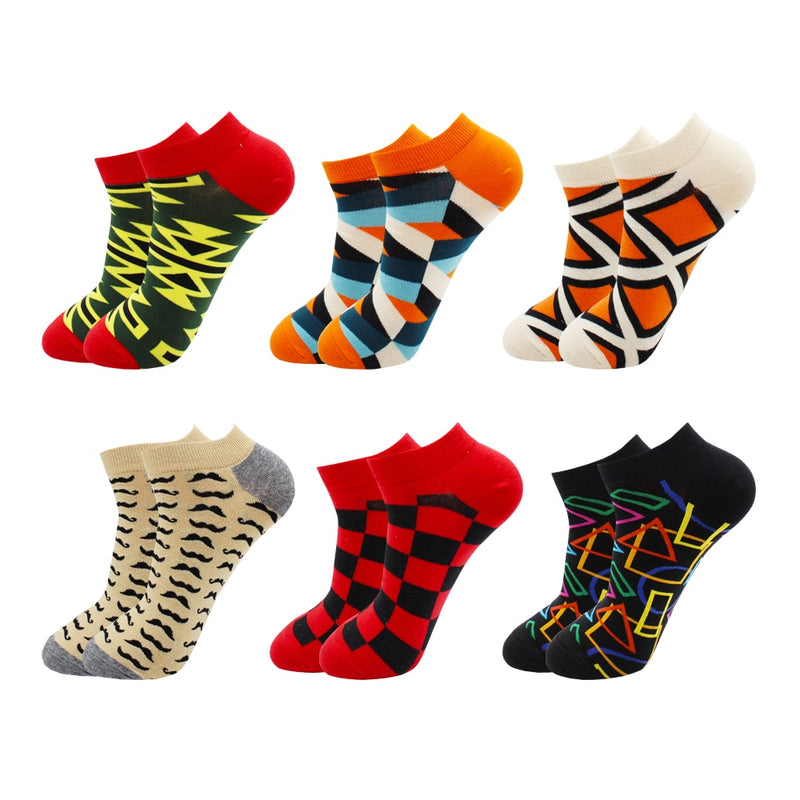 6-12 Pairs Novelty Funny Casual Ankle Socks Fashion Colorful Harajuku Fruit Animal Grid Cotton Men Socks Slippers