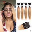 50 g / pc 4 paquetes con cierre Encaje transparente Ombre Rubio Marrón Parte libre Recto Remy Cabello humano Estilo Bob corto