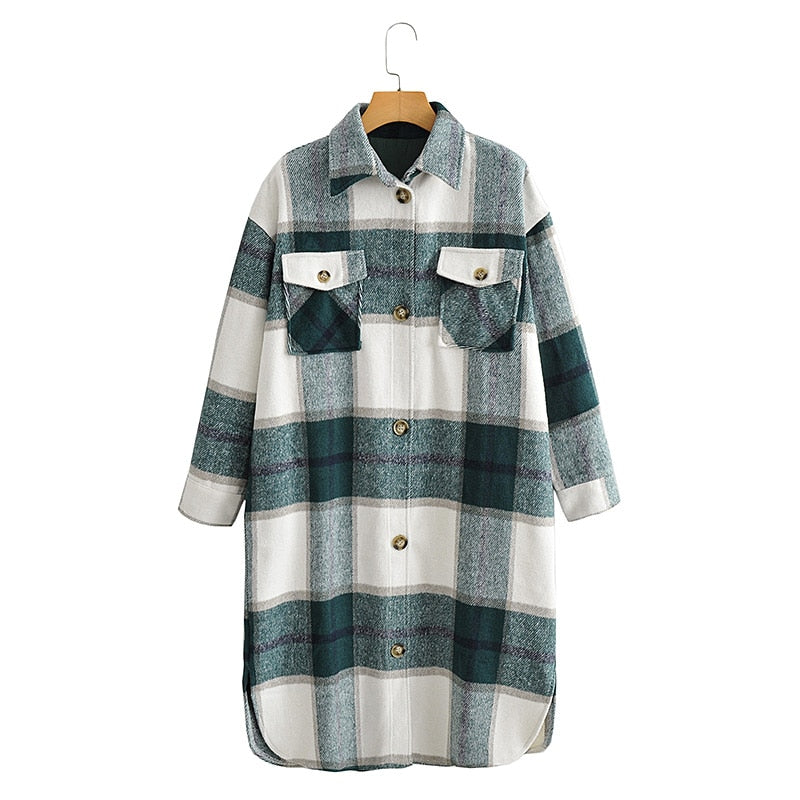 Tangada 2020 Otoño Invierno mujer verde plaid abrigo largo chaqueta Casual cálido abrigo moda abrigos largos AI35