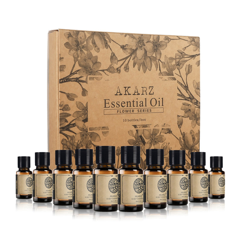 AKARZ Flower Serie 10 Sets Lavender Jasmine Rose Ylang Neroli Frangipani Lotus Peony Osmanthus Violet Essential Oil