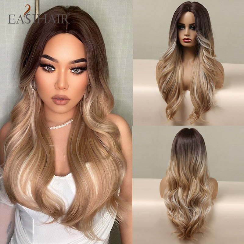 EASIHAIR Long Wavy Dark Brown Black Synthetic Wigs Natural Middle Part Hair Wigs for Women Daily Cosplay Party Heat Resistant