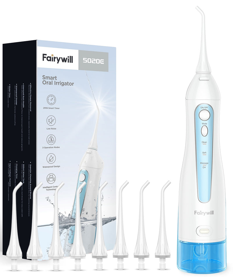 Irrigador de agua Fairywill para dientes, irrigador bucal de 300ML, recargable, portátil, Dental, 3 modos, tanque de agua, limpiador de dientes resistente al agua