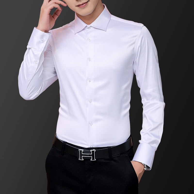 Korean Fashion Style Herrenhemd Hochzeitskleid Langarm Vintage Hemd Seide Smoking Top Chemise Herren Baumwollhemd Weiß
