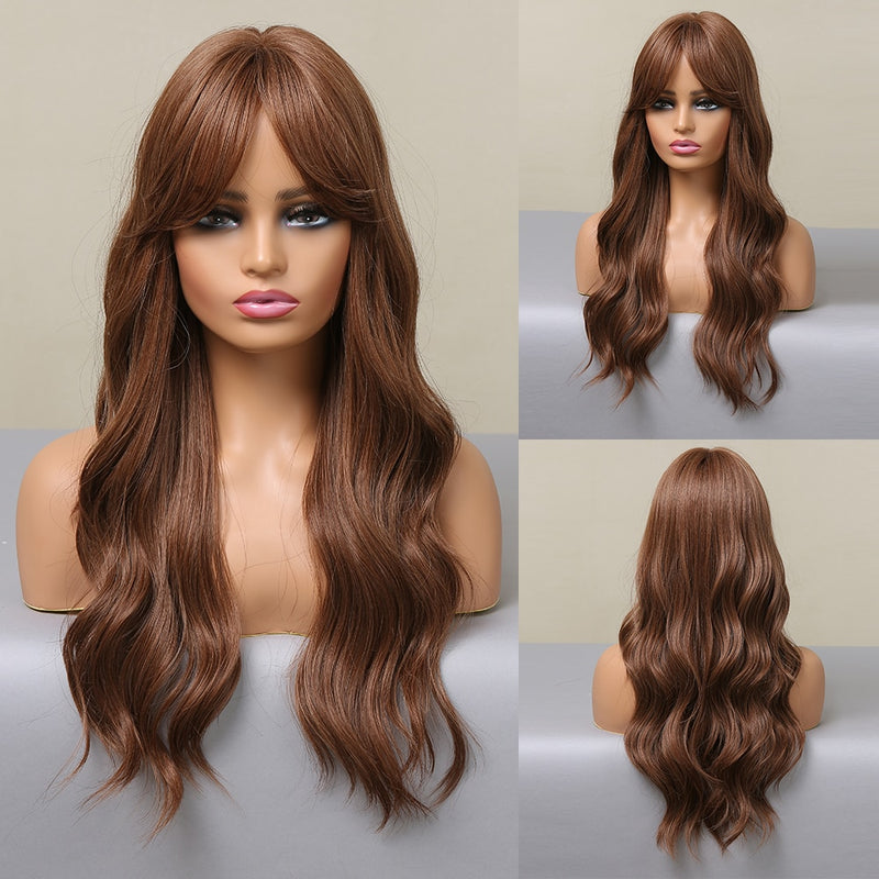 ALAN EATON Long Ombre Black Brown Blonde Wigs with Bangs Heat Resistant Synthetic Wave Wigs for Women African American Cosplay