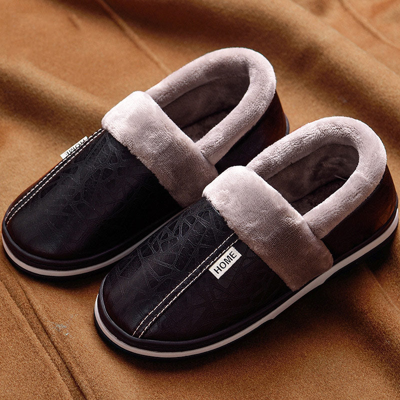 Herrenschuhe 2021 Home Slippers Herren Leder Memory Foam Indoor Hausschuhe für Herren Rutschfeste Warme Winterhaus Erwachsene Pantoffel Plüsch