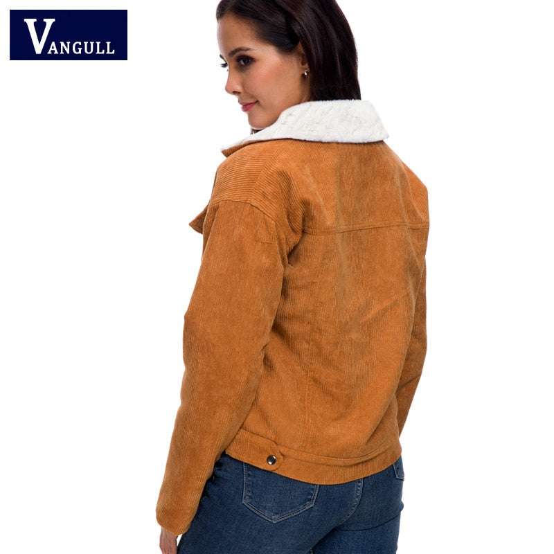 Vangull Winter Women Corduroy Fleece Coat Warm Thicken Cotton Velvet Ladies Jacket Fashion Faux Fur Lining Long Sleeve Outwears