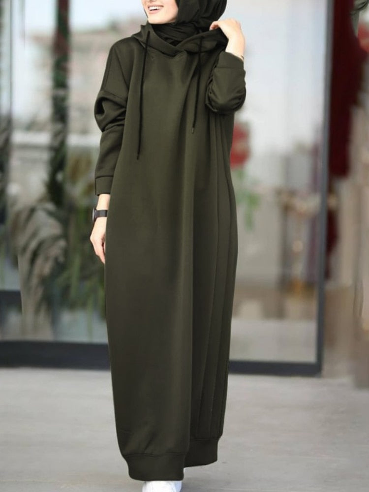 Frauen-Sweatshirt-Kleid 2022 stilvolle Hoodies Langarm-Maxi-Kleid weiblich lässig fest mit Kapuze Vestidos Robe