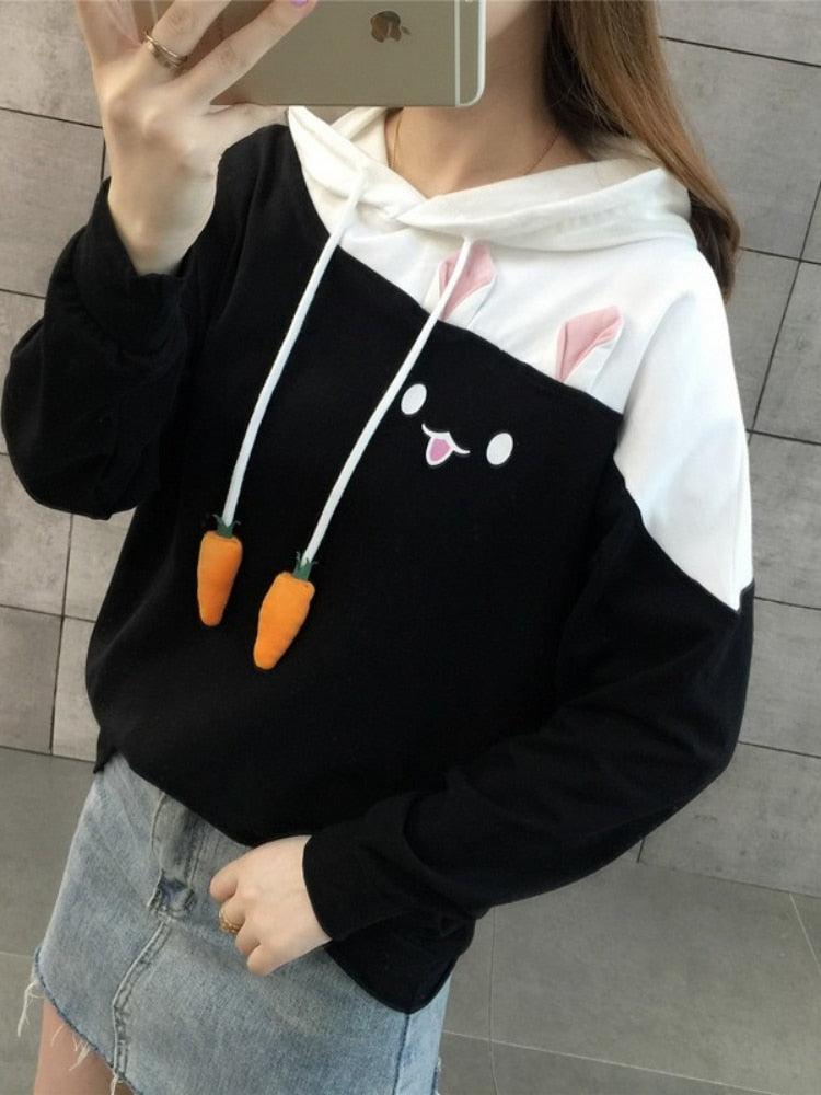 Merry Pretty Women Hoodies Animal Lovely Pullover Kawaii Rabbit Sweatshirt Cute Bunny Graphic Outerwear Pink Black Hoodie Girls