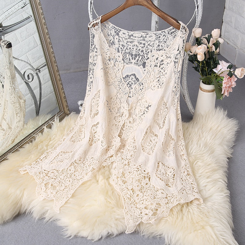 Hippie Froral Patch Design Vest Retro Vintage Crochet Summer Beach Cover Up Top Asymmetric Open Stitch Kimono Cardigain 2022