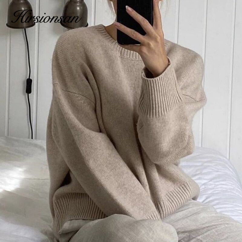 Hirsionsan Winter Oversized Sweater Women 2022 Elegant Knitted Basic Pullovers O Neck Loose Soft Female Cashmere Jumper
