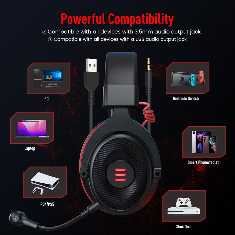 EKSA Gaming Headset Gamer E900/E900 Pro 7.1 Surround kabelgebundene Gaming-Kopfhörer mit Mikrofon für PC/PS4/PS5/Xbox One/Switch