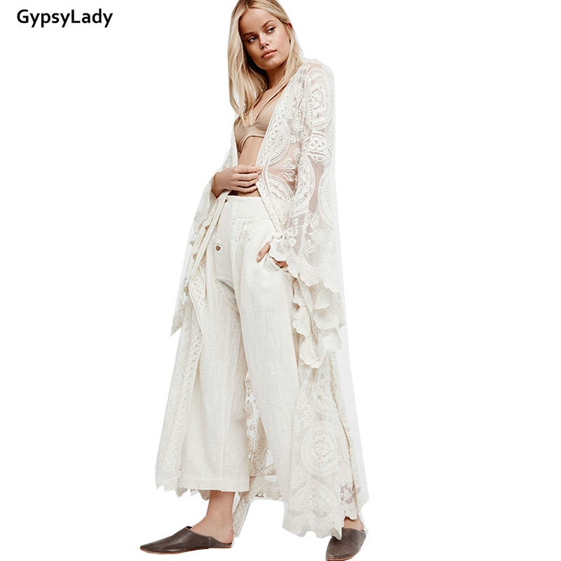 GypsyLady Summer Sunshine Embroidered Mesh Cover-Ups Longline Kimono White Tunic Beach Kaftan Holiday Long Boho Swimwears Tops