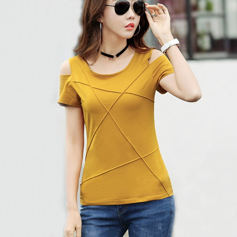 2022 Summer Fashion Women Off Shoulder Tshirt Short Sleeve Shirt Women Tops Solid Color Hole Shirt Casual Blusas New 3022