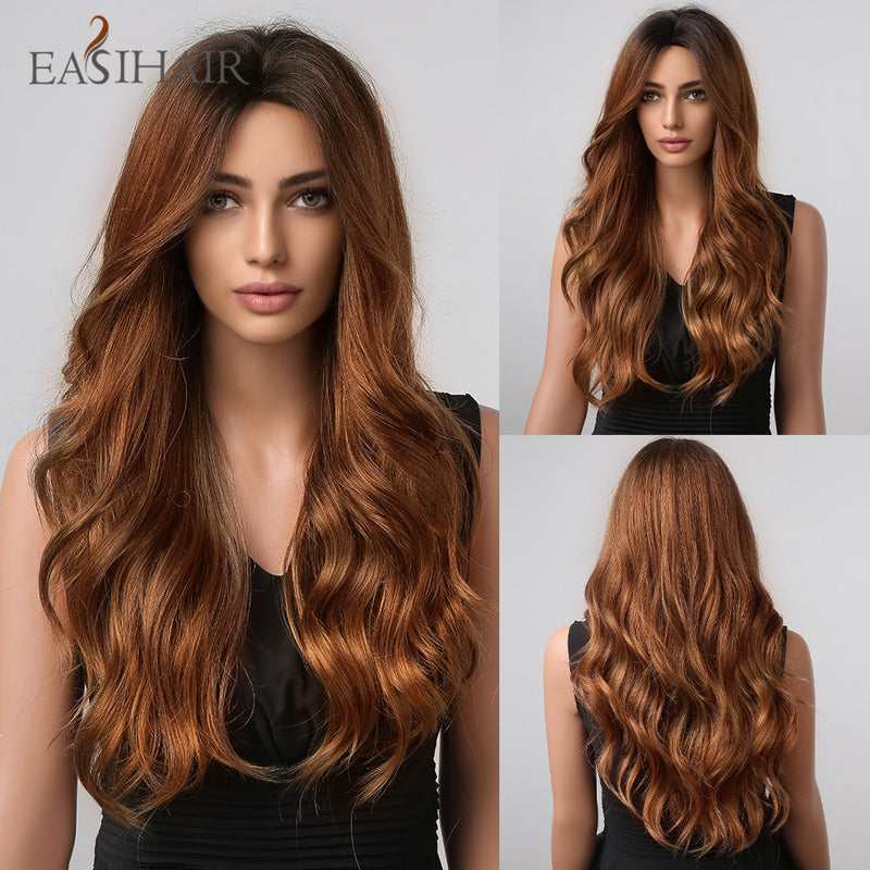 EASIHAIR Long Wavy Dark Brown Black Synthetic Wigs Natural Middle Part Hair Wigs for Women Daily Cosplay Party Heat Resistant