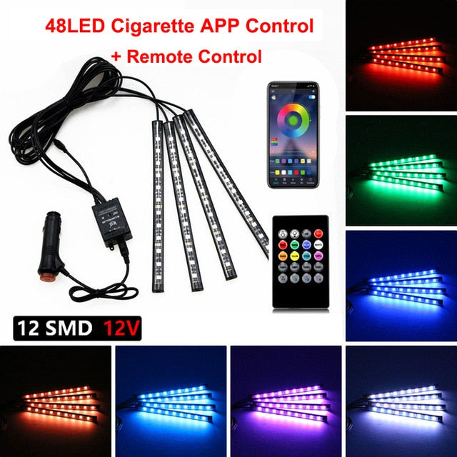 Neon 48 72 LED Car Interior Ambient Foot Light with USB Wireless Remote Music App Control Auto RGB Atmosphere Decorative Lamps