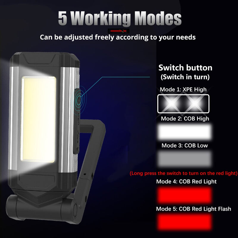 Luz de trabajo COB con imán, linterna LED, lámpara de Camping ajustable multifuncional, linterna impermeable, linterna recargable por USB