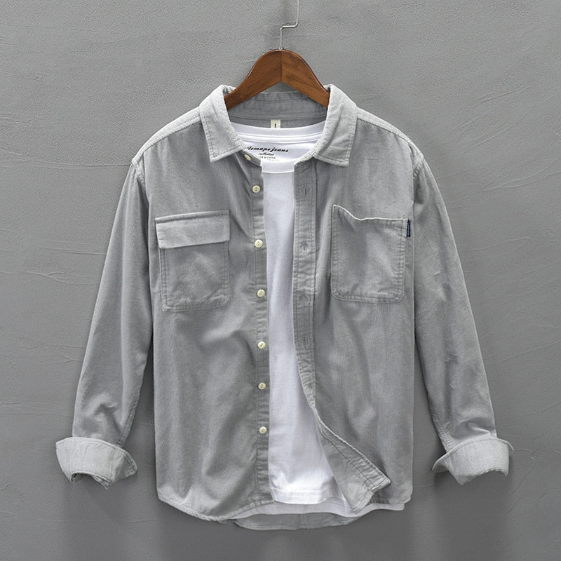 Otoño Invierno hombres de pana camisa de algodón puro de manga larga bolsillos Vintage cálido fino gris Casual Top ropa de trabajo Gml04-C312