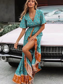 Vintage Chic Fashion Women Floral Print V-neck Rayon Beach Bohemian Maxi Dress Ladies V Neck Tassel Summer Boho Dresses Robe