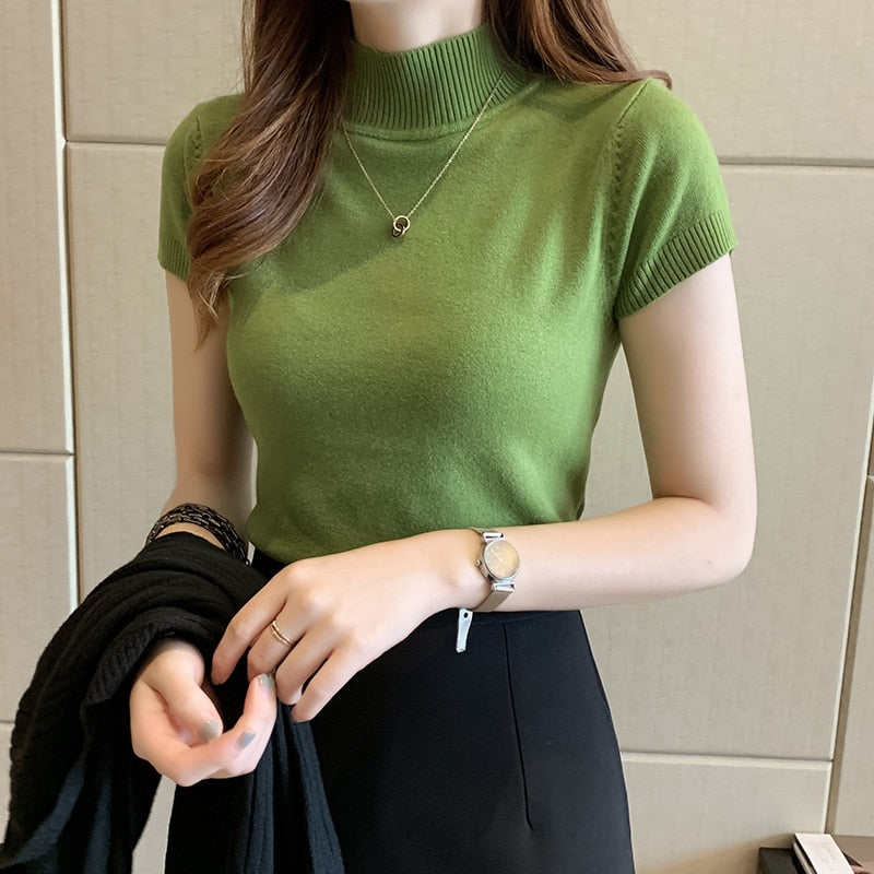 Casual Women Clothing Korean Knitted Women Top Blusas Mujer De Moda Spring Summer New Solid Slim Turtleneck Blouse Blusas 8622