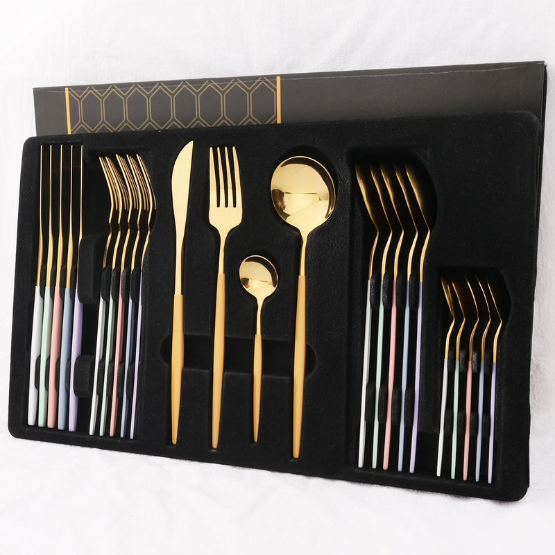 24 Teile / satz Edelstahl Geschirr Set Mix Gold Besteck Set Abendessen Messer Gabel Kaffeelöffel Geschirr Küche Besteck Sets