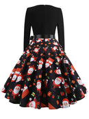 Winter WeihnachtsKleider Damen 50er 60er Vintage Kleid Swing Pinup Elegant Partykleid Langarm Freizeit Print Schwarz