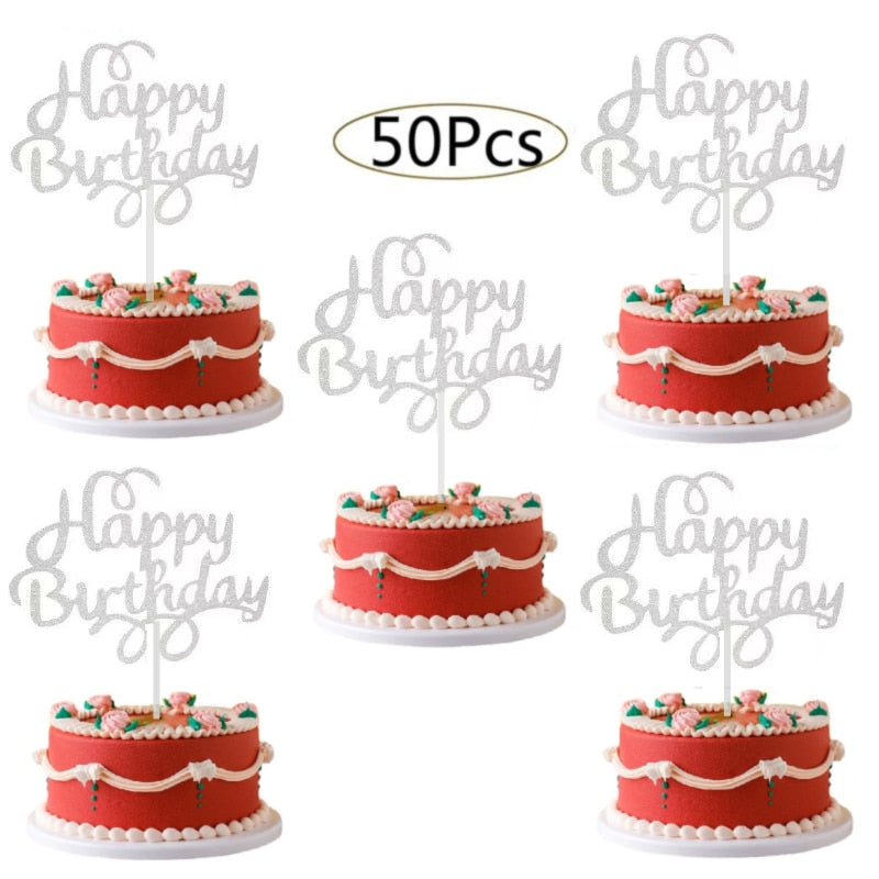 50Pcs Happy Birthday Cake Toppers Glitter Cardstock Baby Shower Kids Party Favors Decorations Cake Decoration Supplies