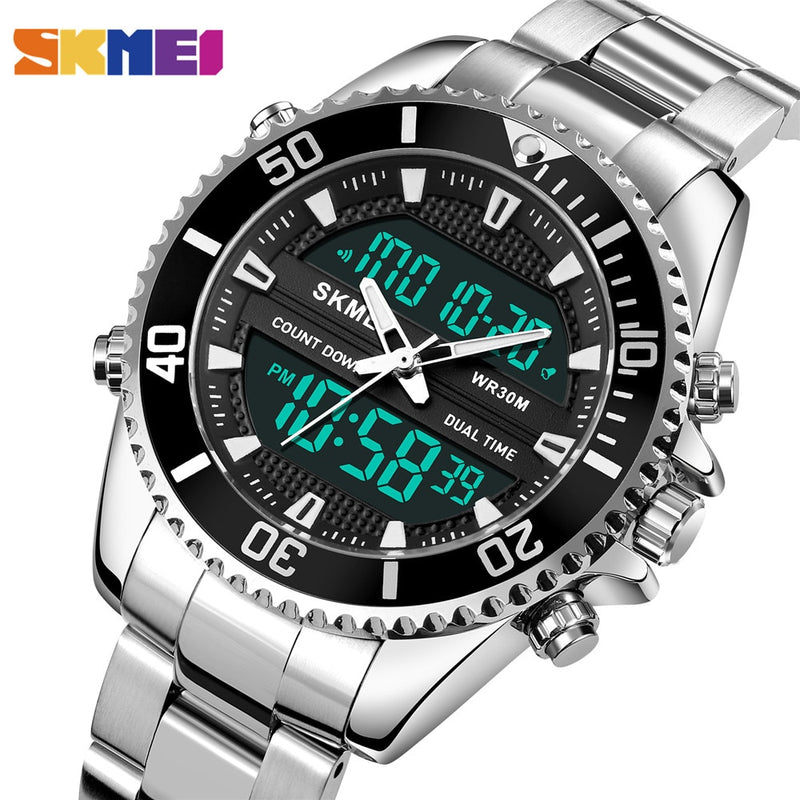 SKMEI Dual Display Uhren Herrenmode Digital Armbanduhren Chrono Alarm Herrenuhr Wasserdicht Edelstahl Relogio Masculino