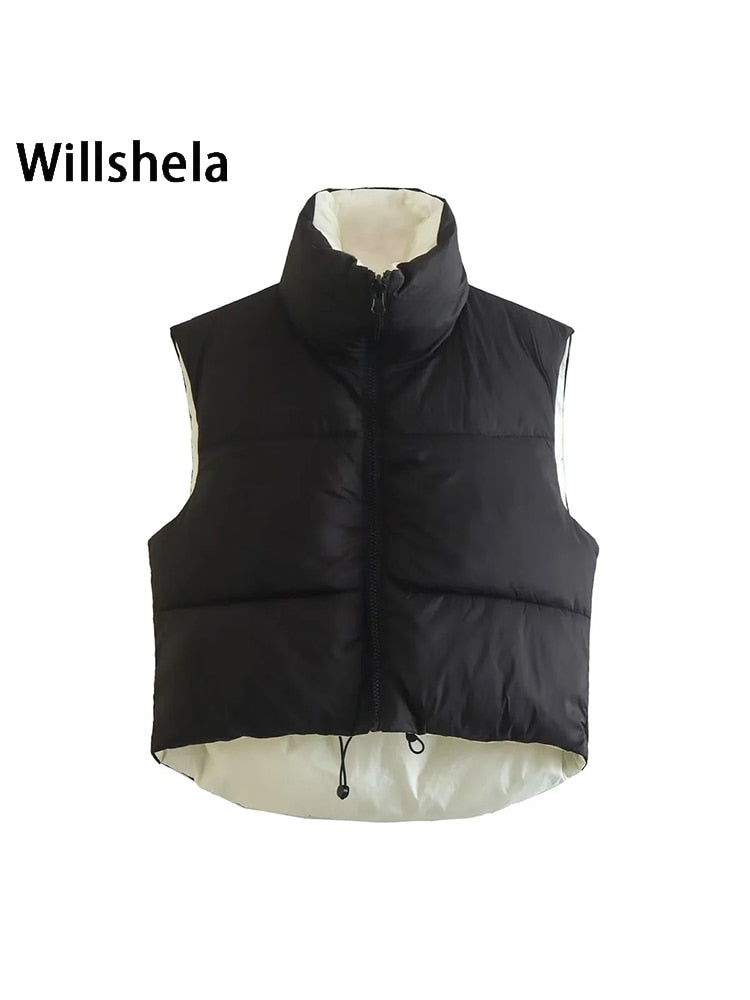 Willshela Women Reversible Gilet Jacket Sleeveless Puff Vest High Collar Fashion Casual Streetwear Woman Waistcoat Tops veste
