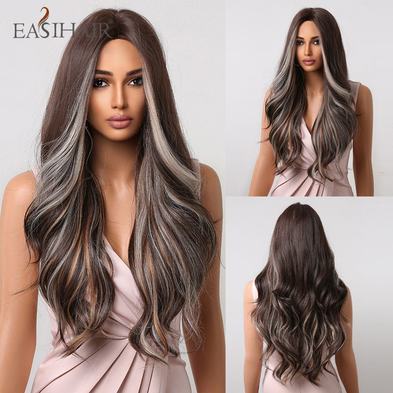 EASIHAIR Long Wavy Dark Brown Black Synthetic Wigs Natural Middle Part Hair Wigs for Women Daily Cosplay Party Heat Resistant