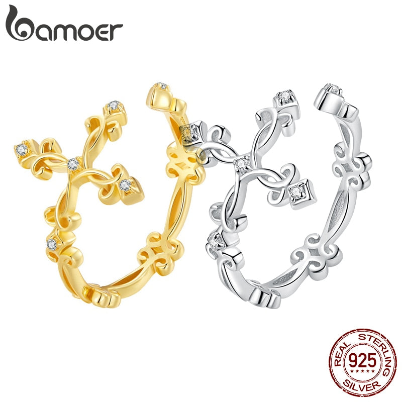 BAMOER 925 Sterling Silver Retro Pattern Cross Ring for Women 14K Gold Plated Flower Rings 3 Colors BSR041