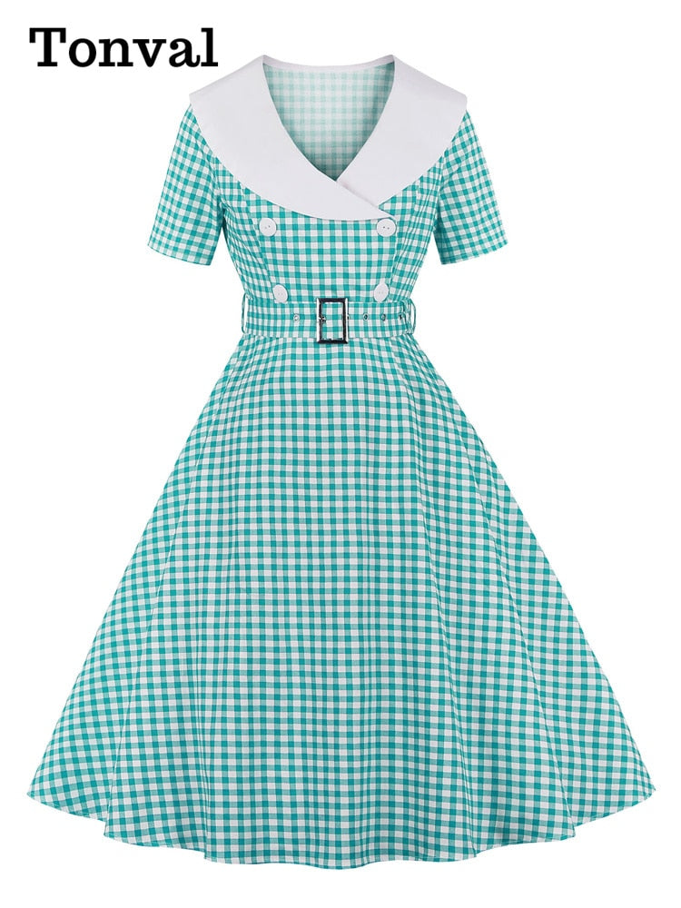 Tonval Gingham Print High Waist Vintage A Line Cotton Midi Dresses for Women Double-Breasted 1950S Rockabilly Plaid Dress