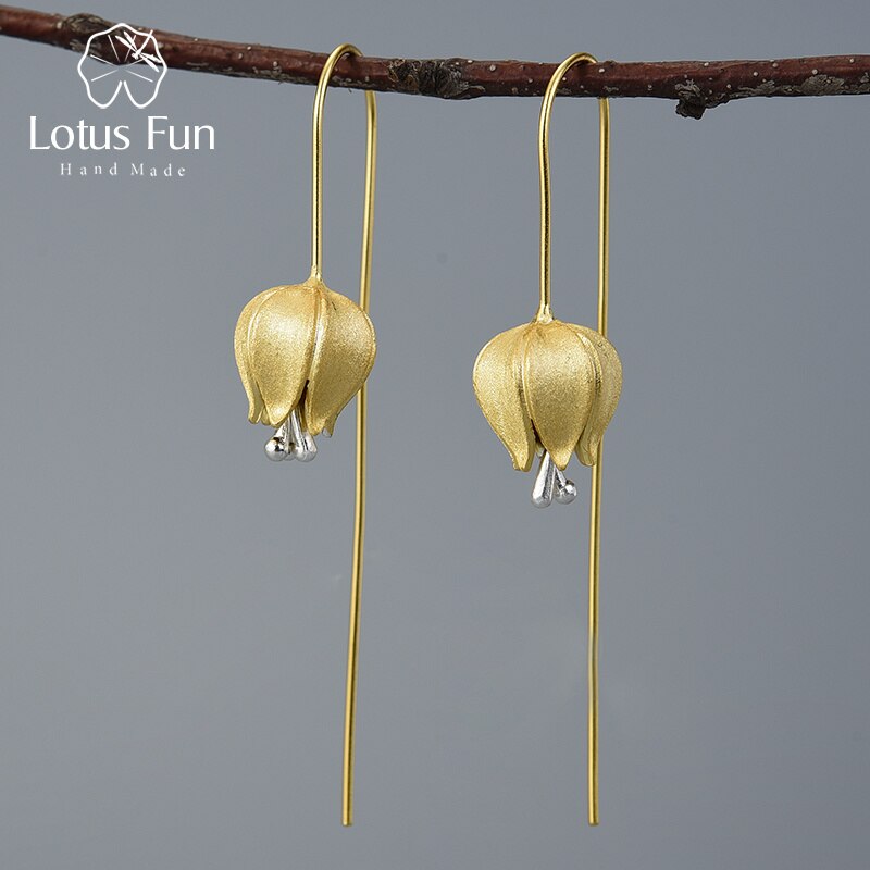 Pendientes colgantes de flor de tulipán de amor eterno de Lotus Fun, pendientes de joyería fina hechos a mano de Plata de Ley 925 auténtica para mujer, bisutería