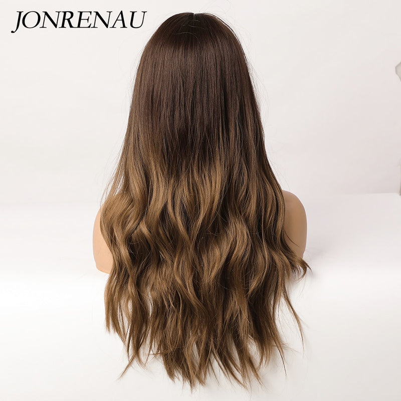 JONRENAU, pelucas sintéticas de color marrón oscuro con degradado de pelo de parte media y ondas naturales largas para mujer, peluca resistente al calor para uso diario en Cosplay