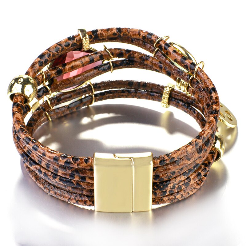 ALLYES Mulltilayer Snake Genuine Leather Bracelets for Women Peace Charm Animals Pattern Crystal Wrap Bracelet Female Jewelry