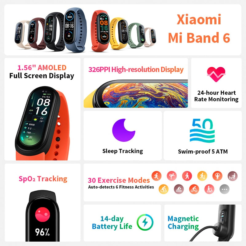 Versión global Xiaomi Mi Band 6 Pulsera inteligente Oxígeno en sangre Ritmo cardíaco Miband 6 Fitness Traker Bluetooth Banda inteligente a prueba de agua