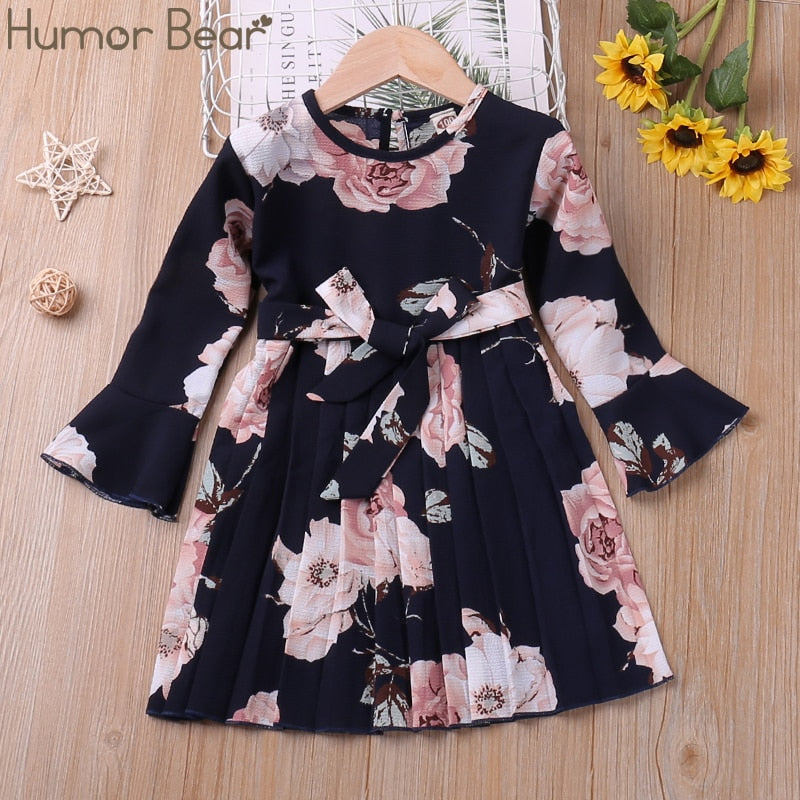 Humor Bear Autumn Winter Toddler Girl Dress Long Sleeve Cotton Ruffles Princess Dress Kids Corduroy Pleated Fashion Baby Dress