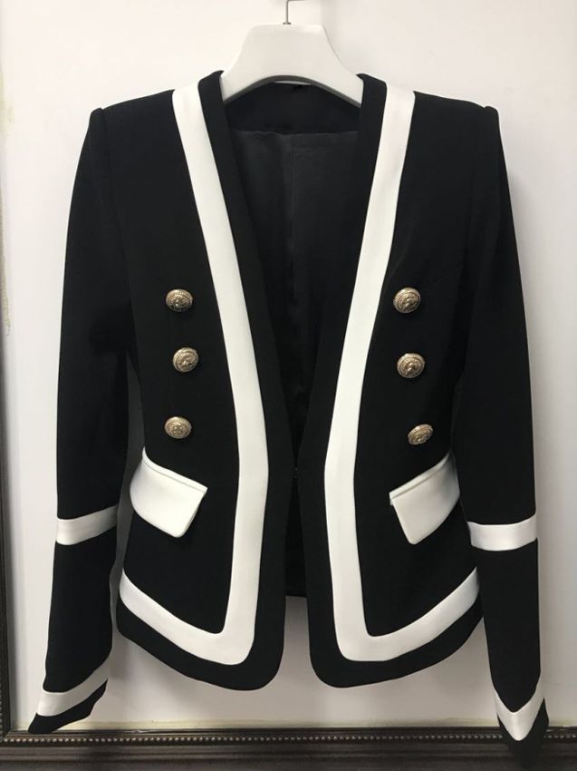 HIGH STREET New Fashion 2023 Designer Blazer Women's Classic Black White Color Block Metal Buttons Blazer Jacket Outer Wear