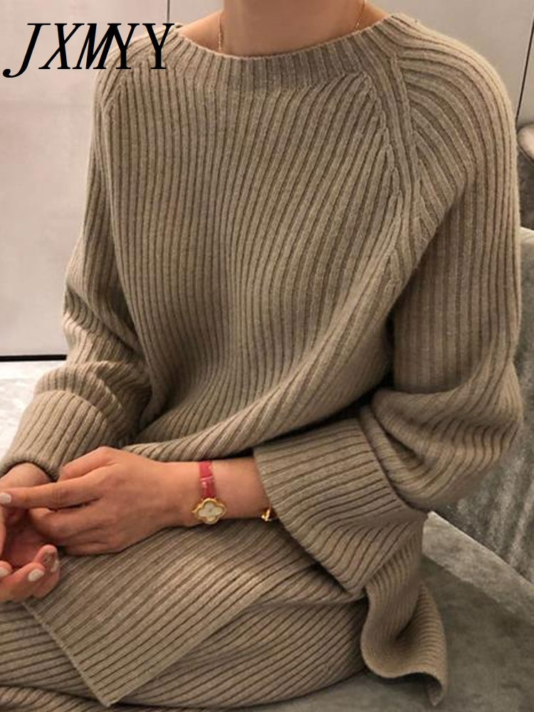 JXMYY 2022 Neue Mode Winter Frauen Verdicken Warme Gestrickte Pullover Pullover Zweiteilige Anzüge +Hohe Taille Lose Weites Bein Hosen Set