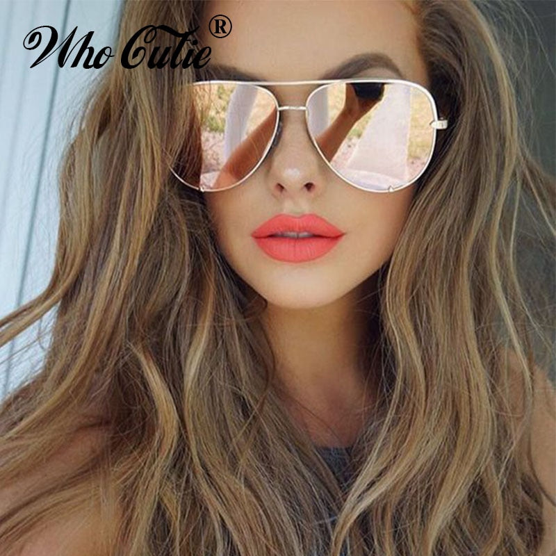 WHO CUTIE UV400 Oversized AVIATION Sunglasses Women Brand Designer Vintage Flat Top Pink Mirror Pilot Sun Glasses Shades OM806