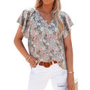 2022 Summer Casual Fashion Vintage Floral Print V-neck Petal Short Sleeve Loose Pullover Shirt Sweet Fresh Blouse Women Clothing