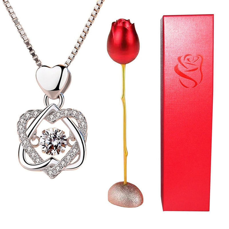 Conjunto de collar de amor eterno con soporte de rosa, colgante de circón rombo romántico con regalos inmortales para el Día de San Valentín