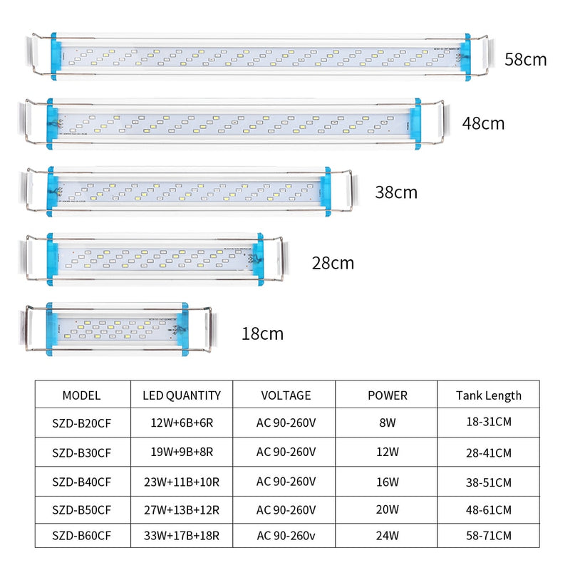 18-75CM Super Slim LEDs Aquarium Lighting Aquatic Plant Light Extensible Waterproof Clip on Lamp For Fish Tank 90-260V