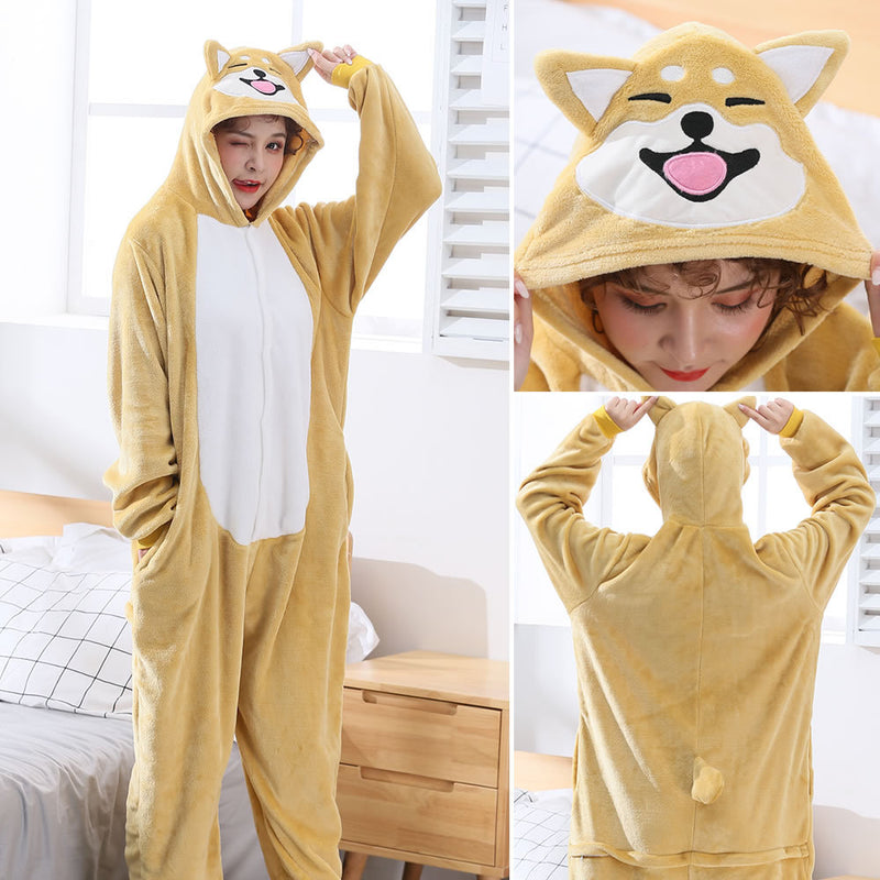 Akita Dog Kigurumis Women Girl Onesie Cute Animal Pajamas Shiba inu Overall Winter Warm Soft Flannel Suit Home Wear Unisex