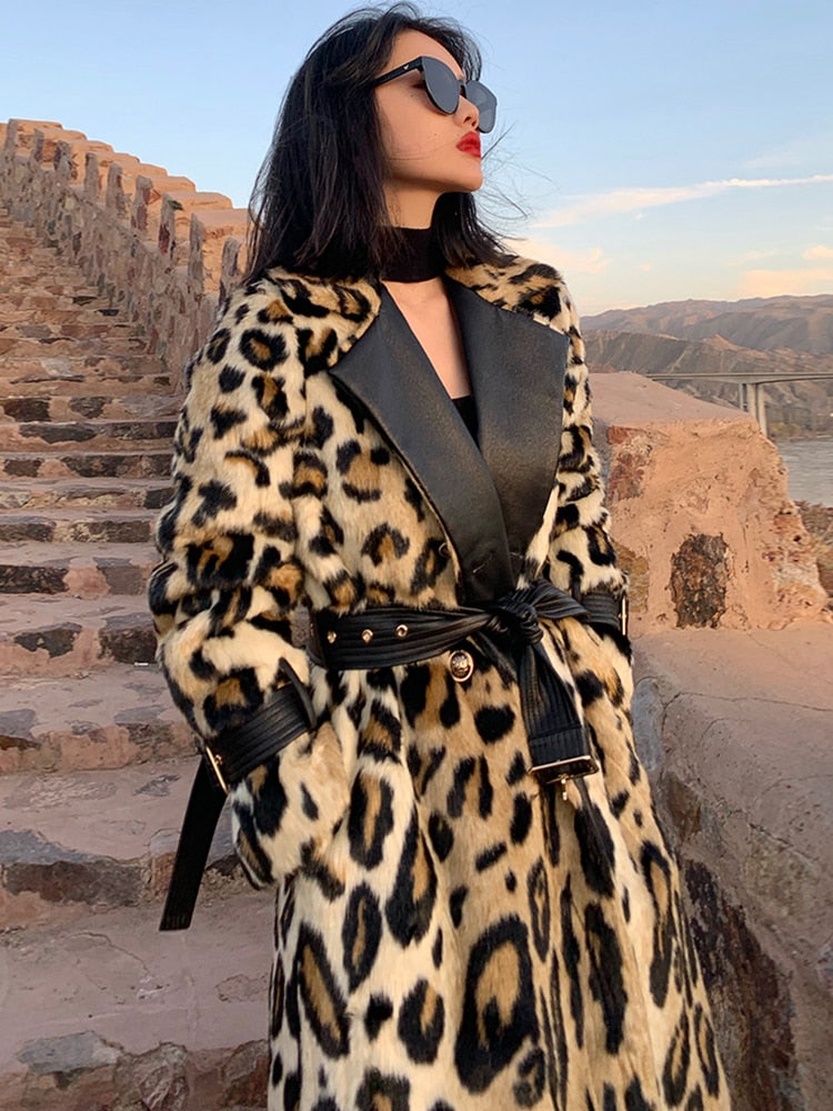 Lautaro Winter Long Leopard Print Warm Fluffy Faux Fur Trench Coat for Women Long Sleeve Double Breasted European Fashion 2021