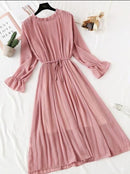 2022 New Women Spring Print Dresses Long Sleeve Chiffon Pleated Dress Casual Ruffle Flare Sleeve Long Dress Loose Vestidos