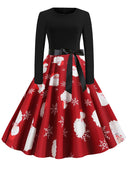 Winter WeihnachtsKleider Damen 50er 60er Vintage Kleid Swing Pinup Elegant Partykleid Langarm Freizeit Print Schwarz
