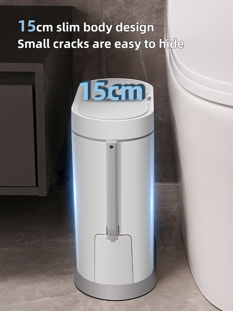 Joybos Narrow Bathroom Smart Trash Can with Toilet Brush,10L Electronic Automatic  toilet Waterproof Smart Sensor Trash Bin