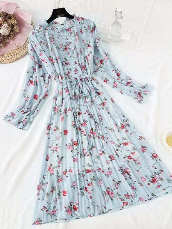 2022 New Women Spring Print Dresses Long Sleeve Chiffon Pleated Dress Casual Ruffle Flare Sleeve Long Dress Loose Vestidos